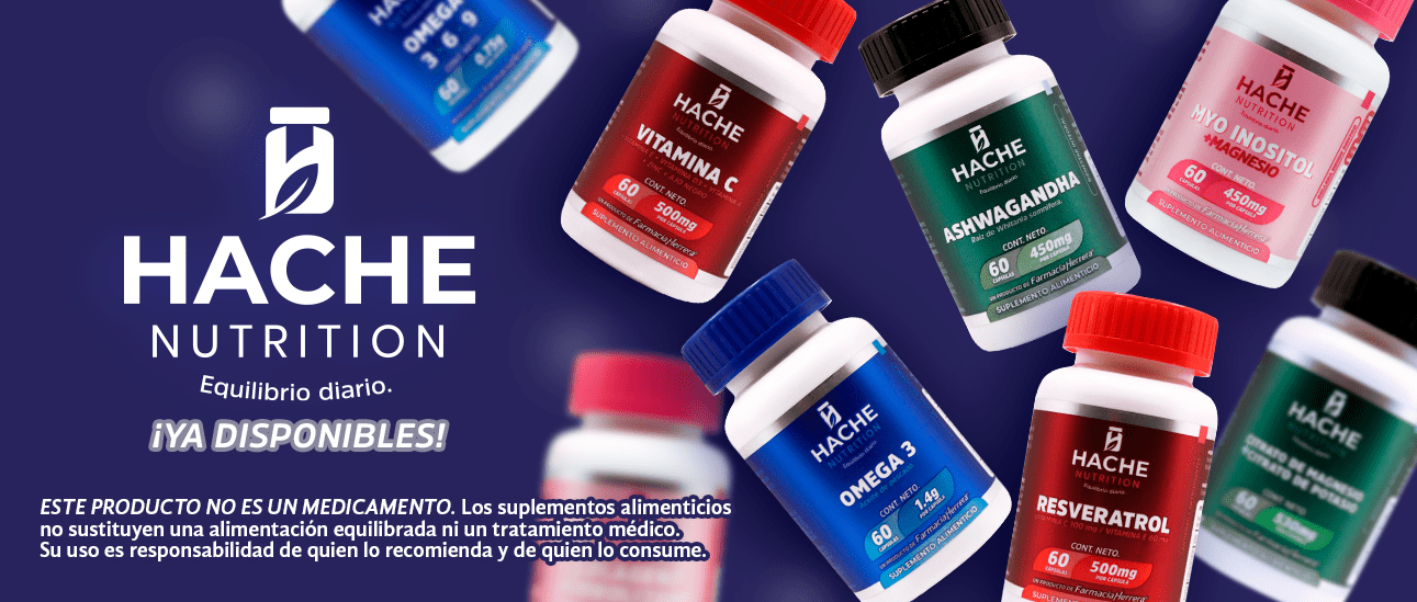 Hache Nutrition, equilibrio diario, ya disponibles. Suplementos alimenticios, multivitamínicos, vitaminas.
Línea de productos de Farmacia Herrera.