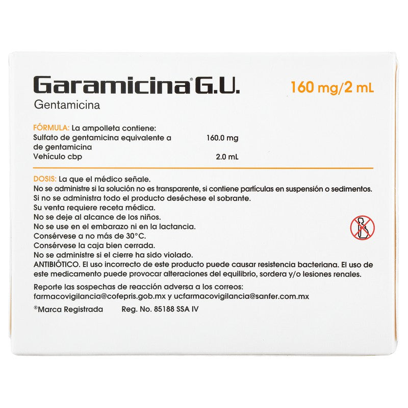 Garamicina G.U. 160Mg2Ml Solucion 5 Piezas 7501050610063 7