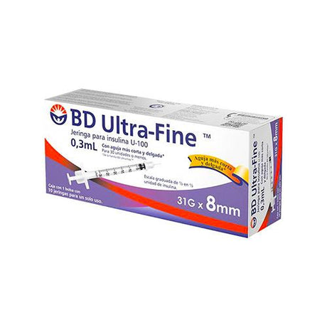 Jeringa Bd Ultrafine 0.3 Ml 31 Gx8Mm Caja Con 10 Aguja Corta Y Delgada