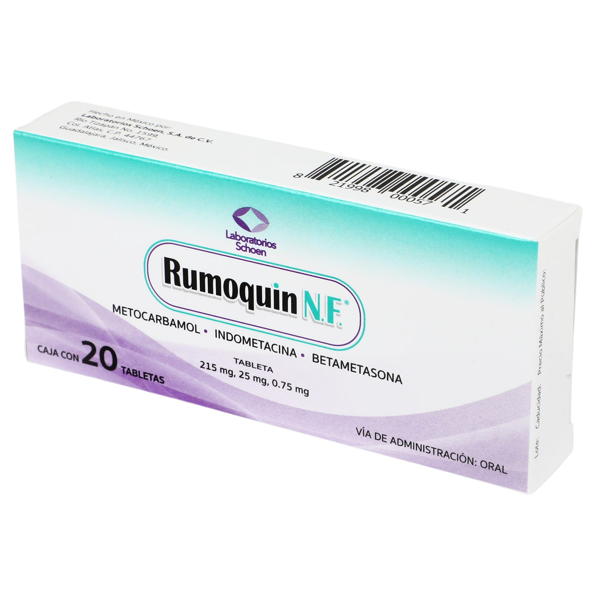 821998000571-Metocarbamol Indometacina Betametasona 215,25,0.75 / Con 20 Tabletas Rumoquin N.F.-3